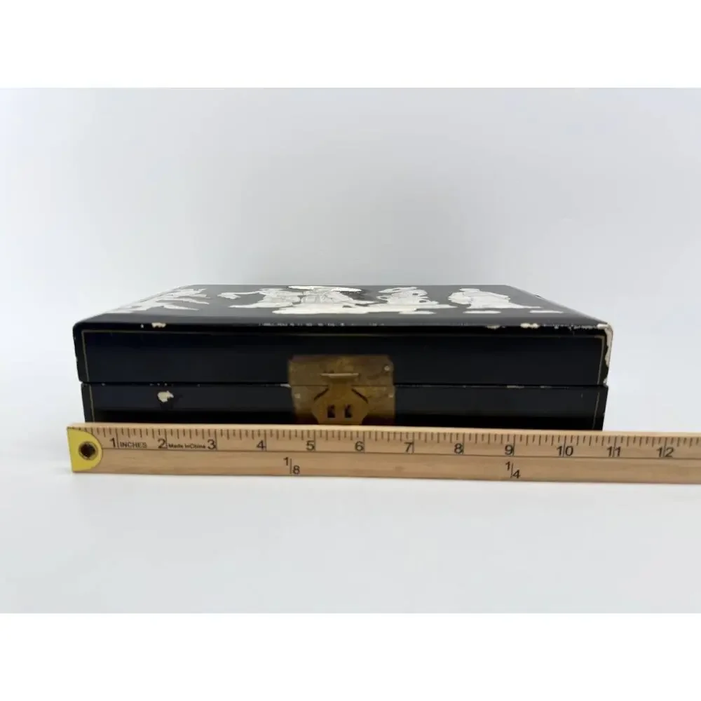 Asian Black Lacquer Jewelry Box Mother of Pearl Inlay Red Velvet 2.35 lb